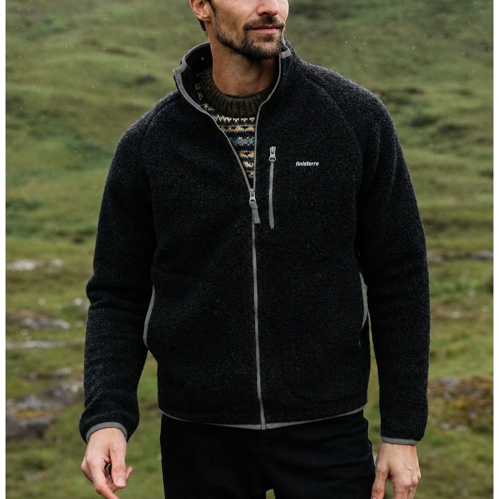 Finisterre The Hegen Full‎ Zip Jacket Recycled Wool Fleece Black Large